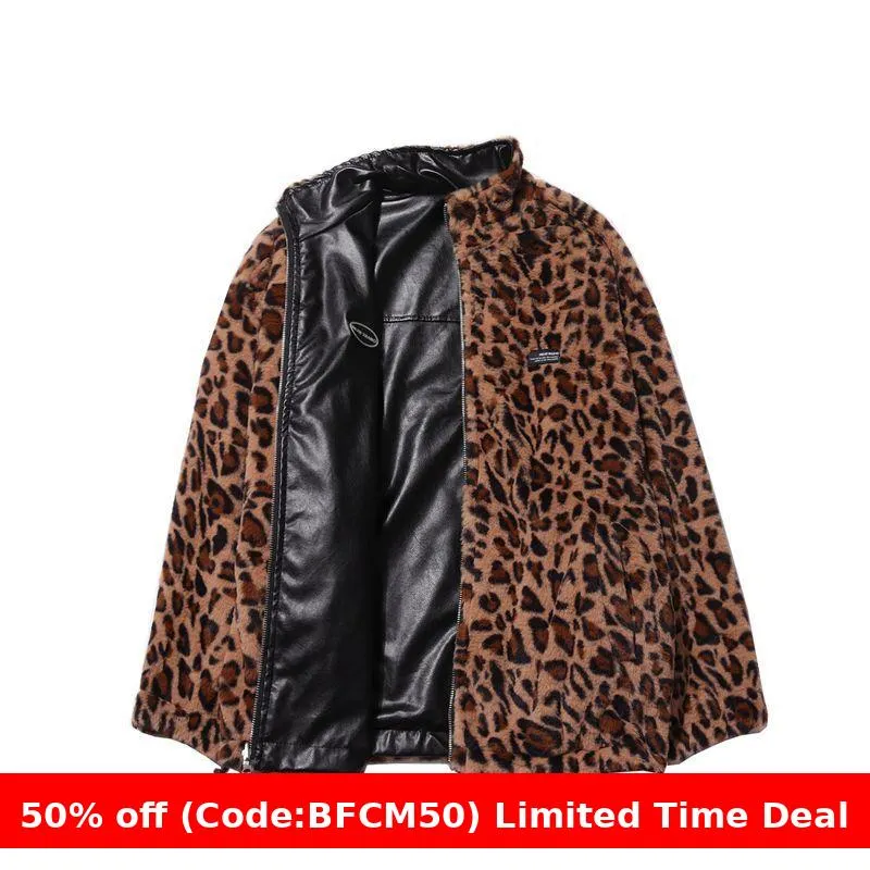 Wenkouban Winter outfits  Cyber Monday 2024 chill guy Leopard Print Plush Coat for Both Sides Fashionable Ins Winter Men and Women Cotton-Padded Coat