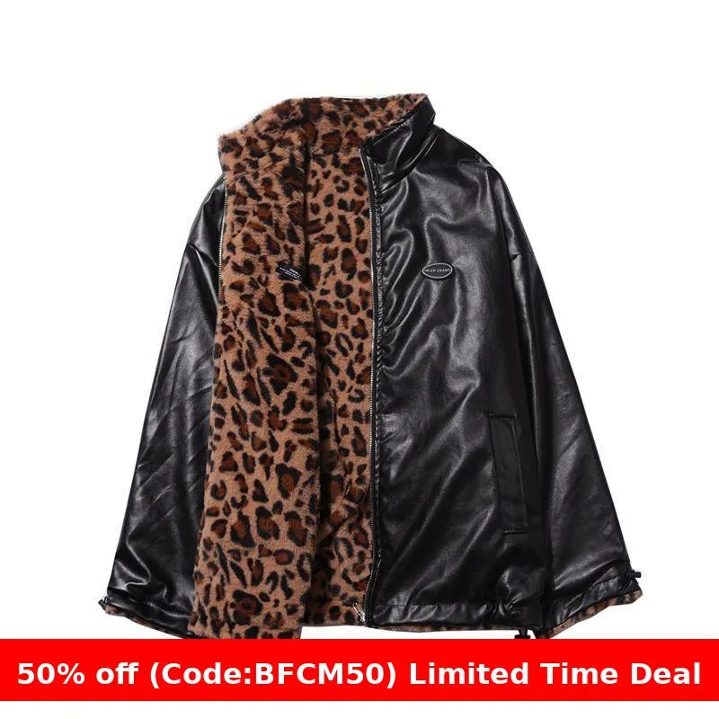 Wenkouban Winter outfits  Cyber Monday 2024 chill guy Leopard Print Plush Coat for Both Sides Fashionable Ins Winter Men and Women Cotton-Padded Coat