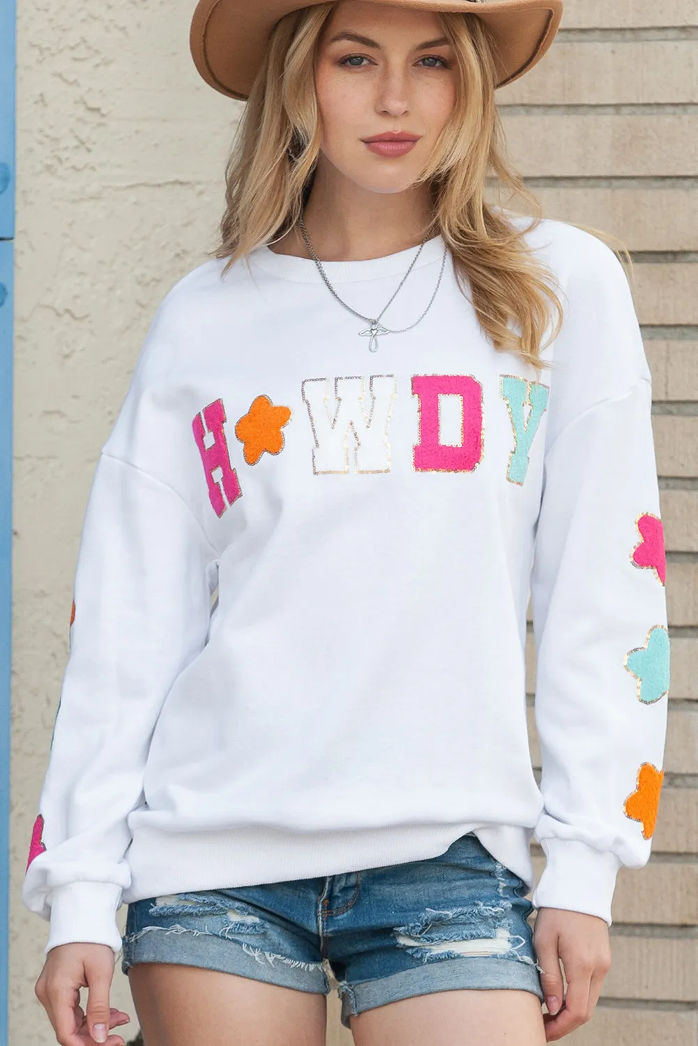 White Glitter Howdy Patch Casual Star Sweatshirt