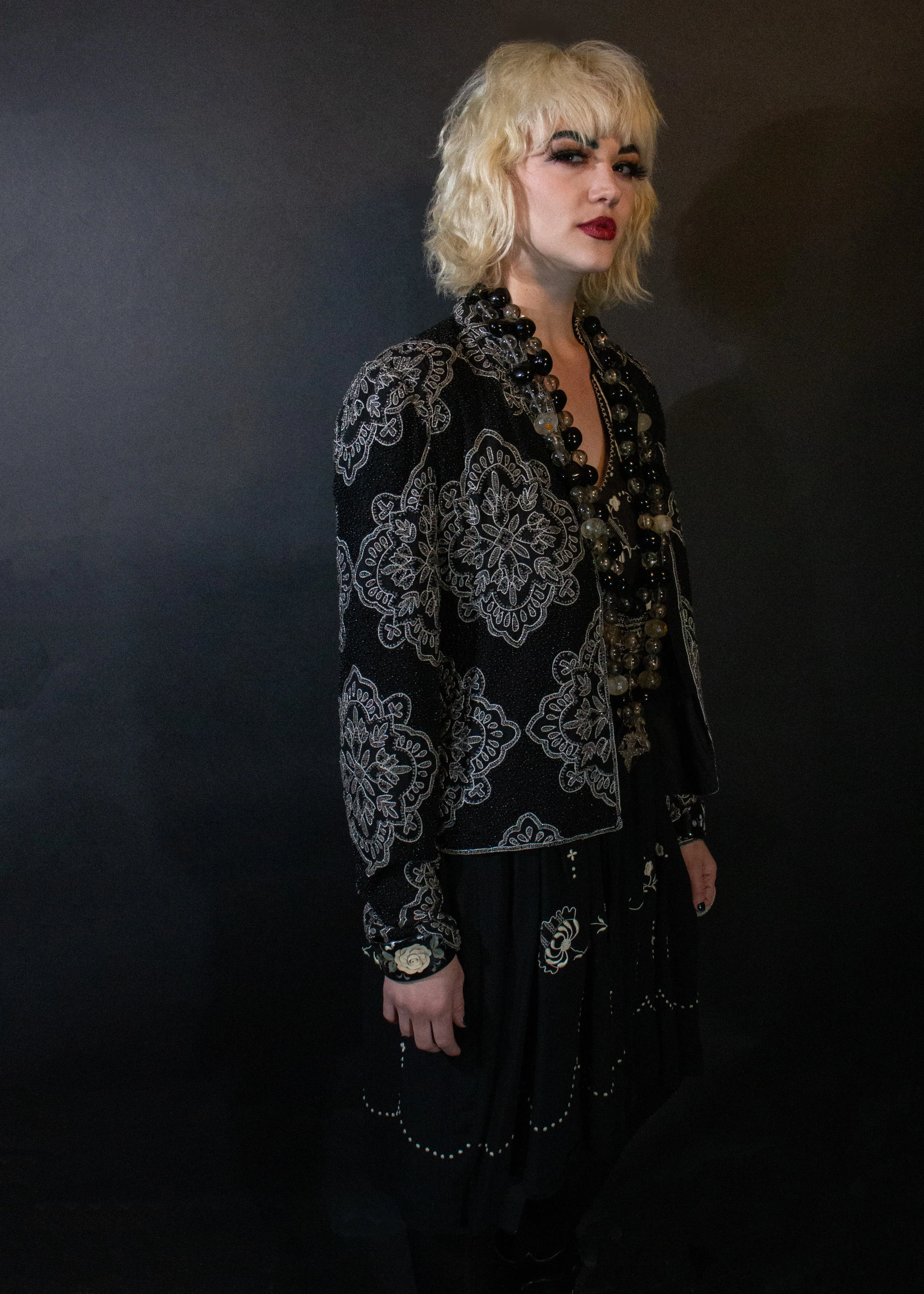 White on Black Fully Beaded  Jacket with  Ottoman Inspired Design