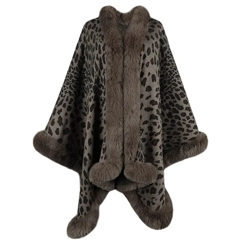 Winter Faux Fur Collar Plush Cape Cardigan Leopard Shawl Coat