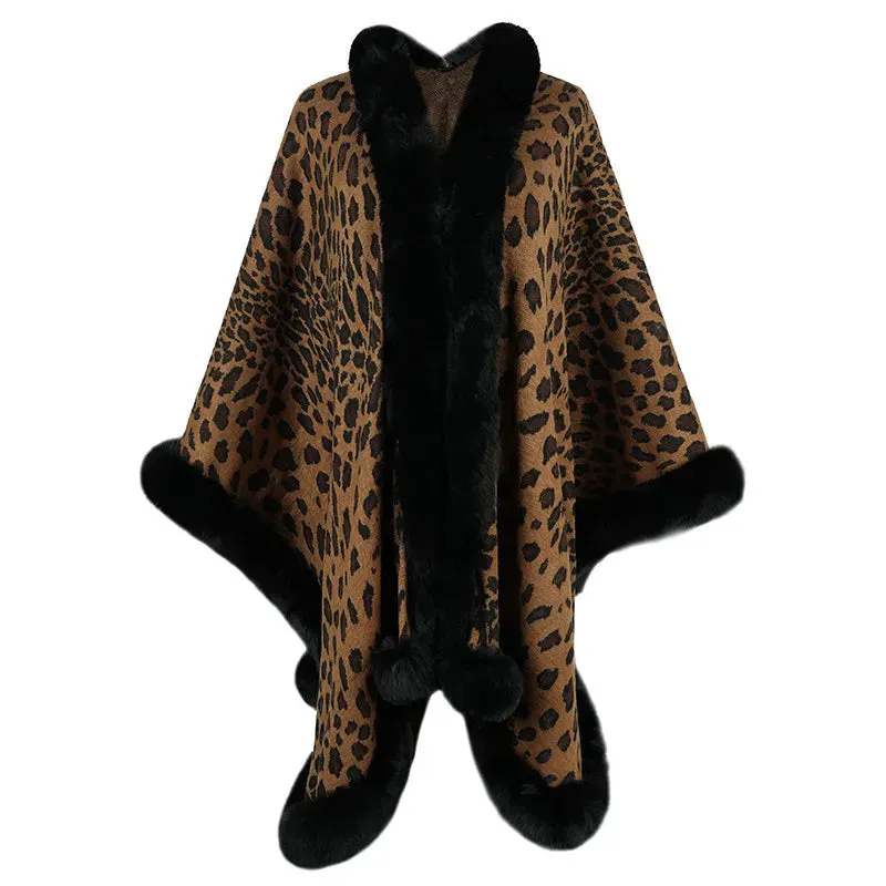 Winter Faux Fur Collar Plush Cape Cardigan Leopard Shawl Coat