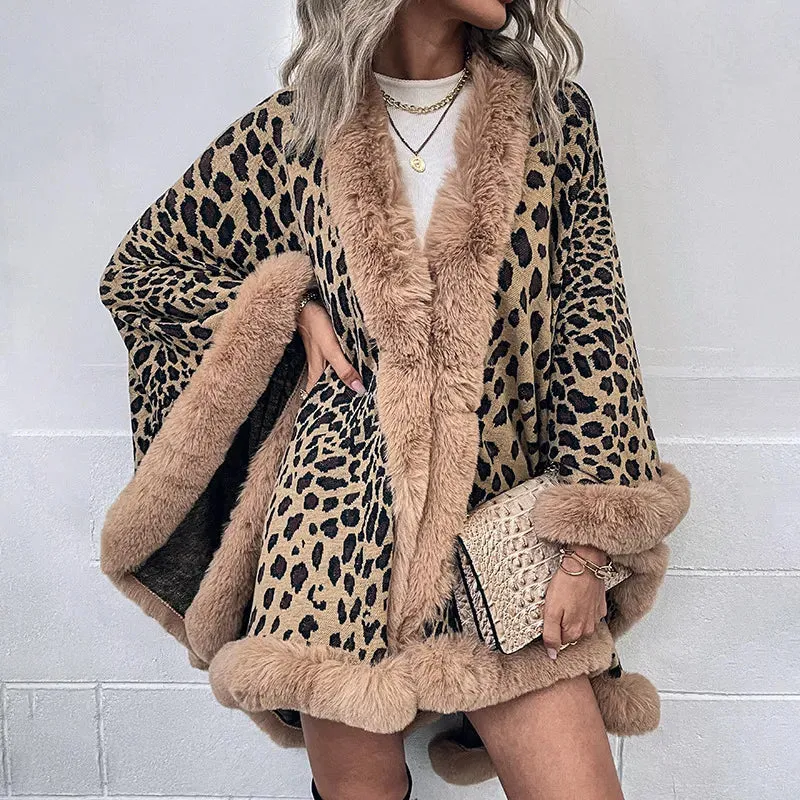 Winter Faux Fur Collar Plush Cape Cardigan Leopard Shawl Coat