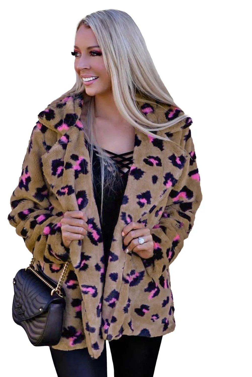 Women's Animals PrintTurnover Collar Warm Faux Fur Coat