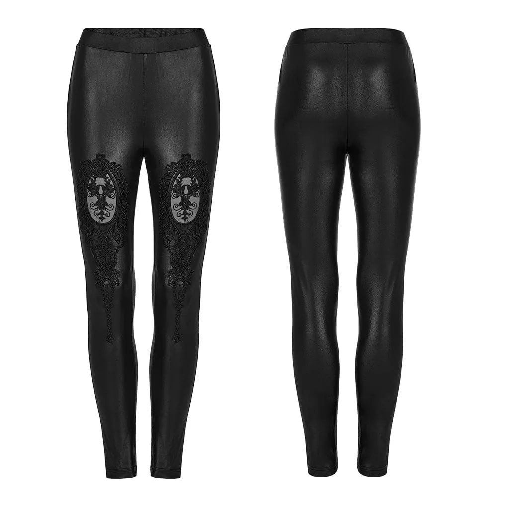 Women's Gothic Floral Applique Faux Leather Leggings