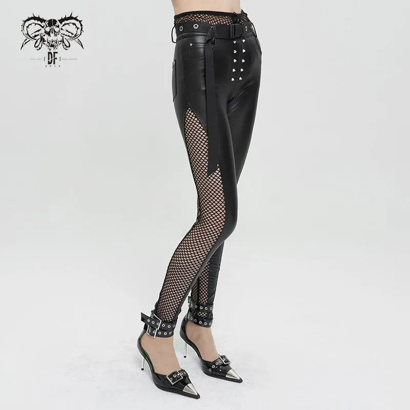 Women's Punk Mesh Splice Rivets Leggings with Belt