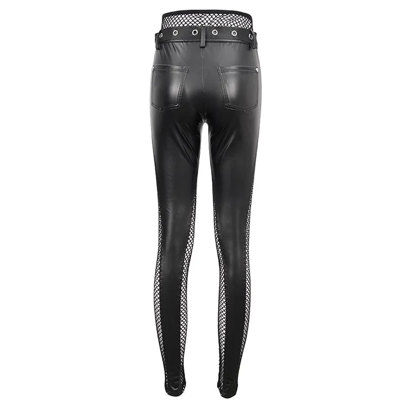 Women's Punk Mesh Splice Rivets Leggings with Belt