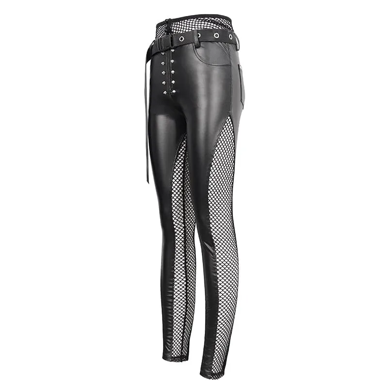 Women's Punk Mesh Splice Rivets Leggings with Belt