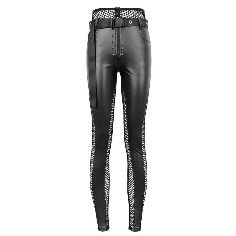 Women's Punk Mesh Splice Rivets Leggings with Belt