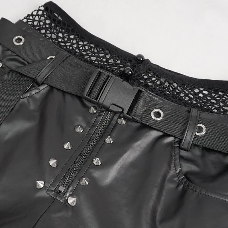 Women's Punk Mesh Splice Rivets Leggings with Belt