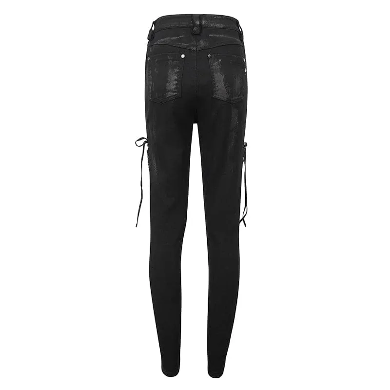 Women's Punk Strappy Mesh Splice Distressed Leggings