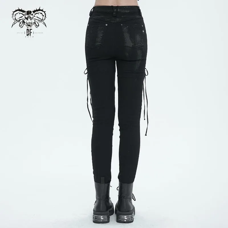 Women's Punk Strappy Mesh Splice Distressed Leggings