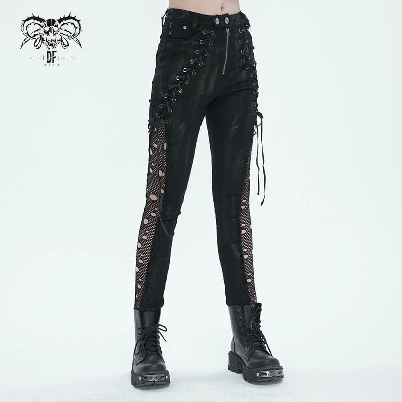 Women's Punk Strappy Mesh Splice Distressed Leggings