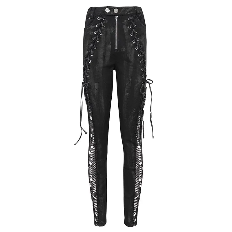 Women's Punk Strappy Mesh Splice Distressed Leggings