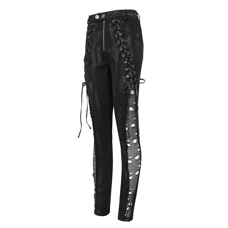 Women's Punk Strappy Mesh Splice Distressed Leggings