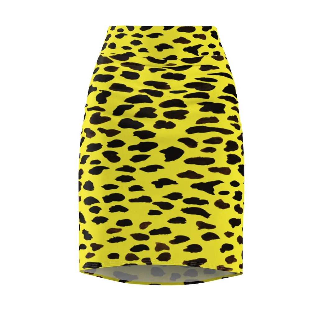 Yellow Leopard Women's Pencil Skirt, Animal Print Designer Mid Waist Skirt For Ladies-Made in USA