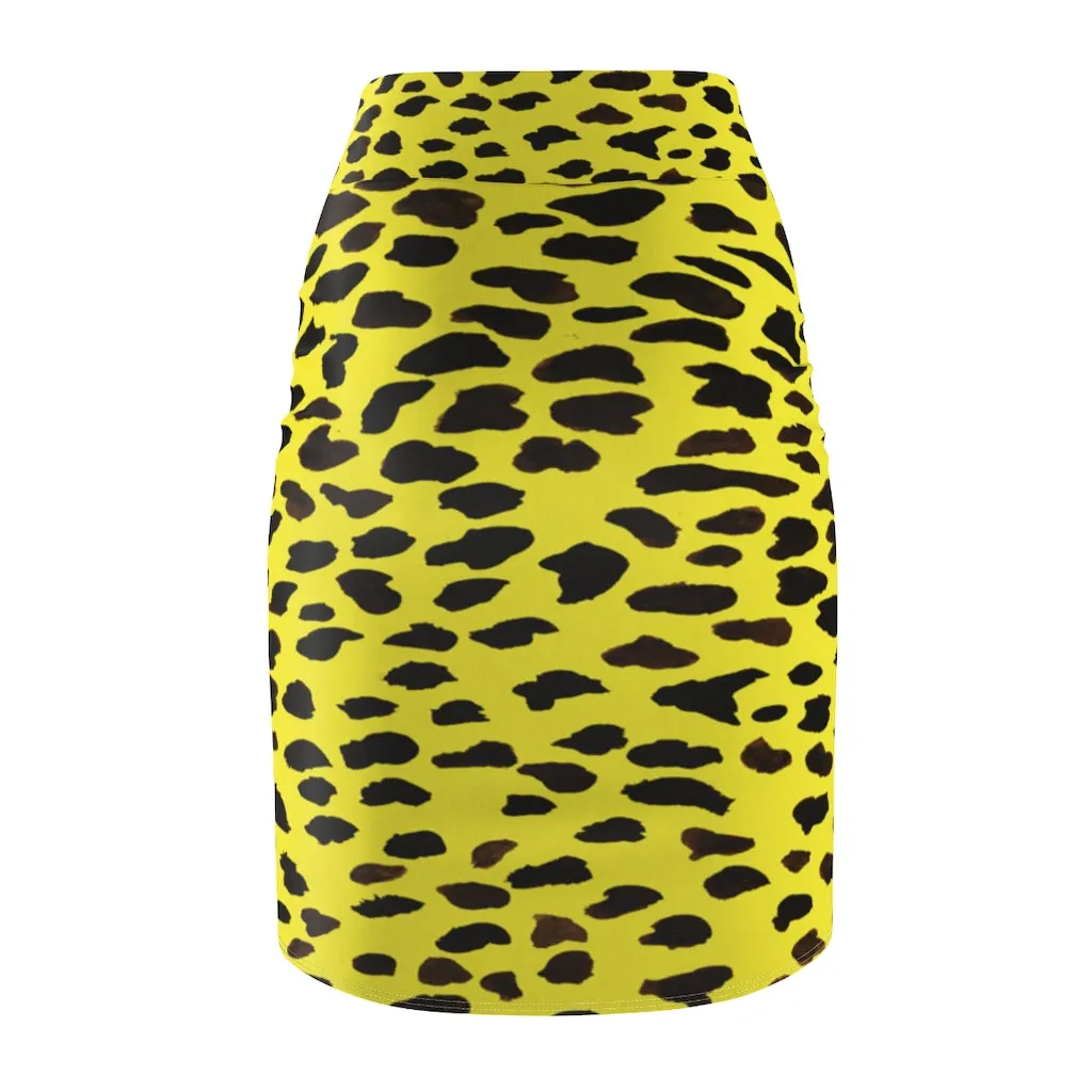 Yellow Leopard Women's Pencil Skirt, Animal Print Designer Mid Waist Skirt For Ladies-Made in USA