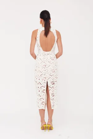 YEMA White Lace Open Back Midi Wedding Dress